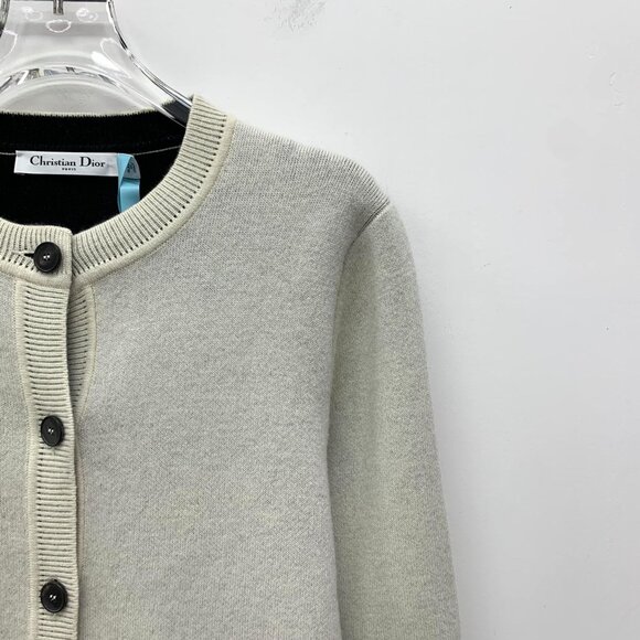 CHRISTIAN DIOR CASHMERE CARDIGAN SWEATER WITH STRIPED TRIM SIZE 36/XS LIGHT GREY - Picture 7 of 8